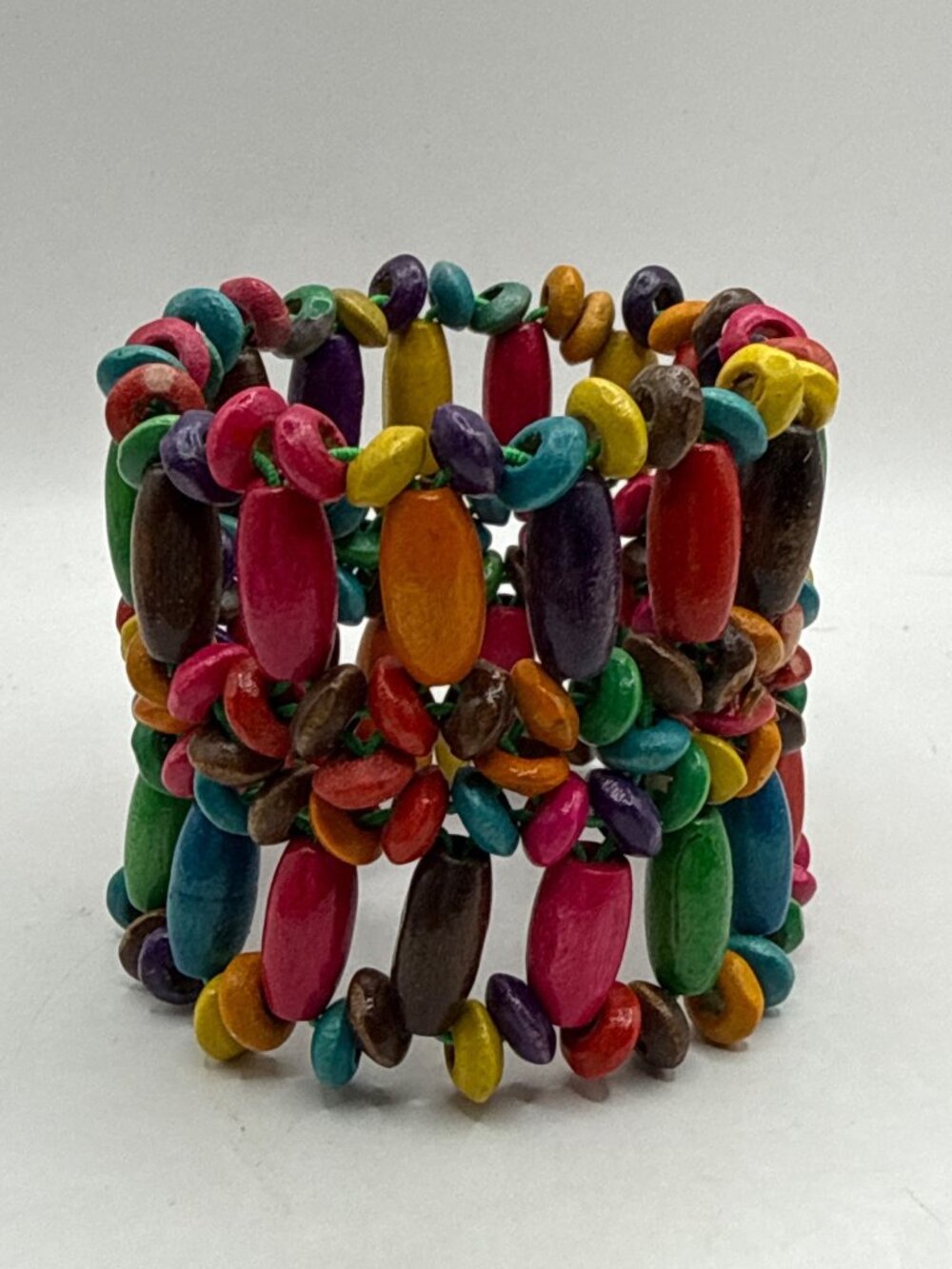 Vintage Boho Chunky Multicolor Wooden Bead Wide Stretch Cuff Bracelet Kidcore